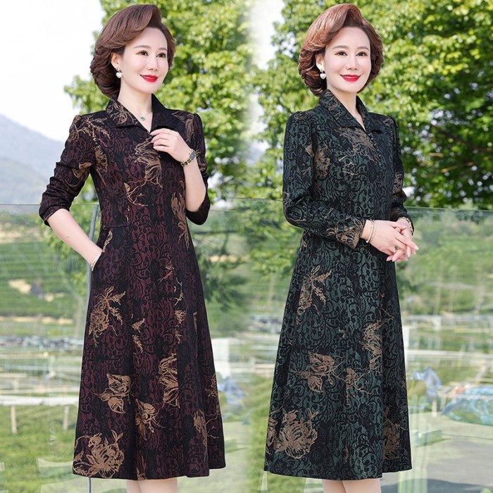 Rok Gaun Lengan Panjang Baru Musim Semi dan Musim Gugur Ibu Paruh Baya Rok Panjang Di Atas Lutut Gay