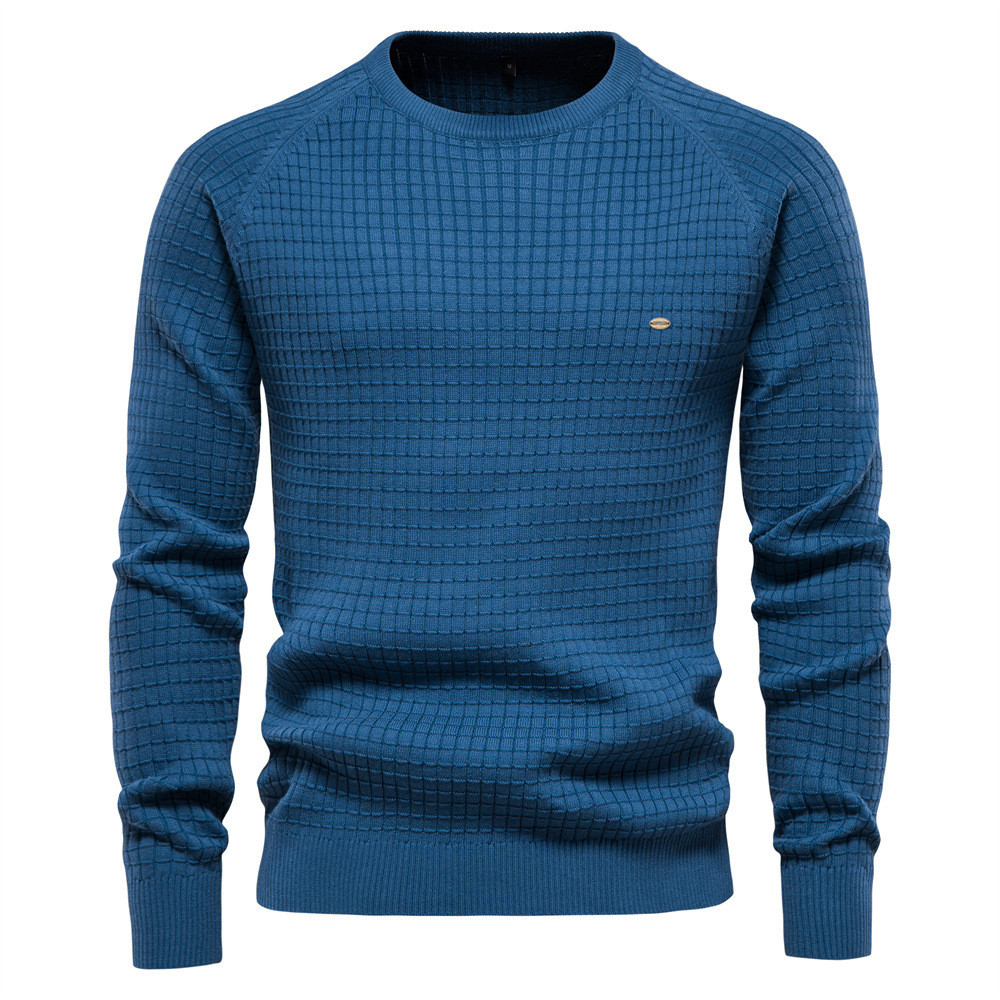 Sweater Pria Casual Ouma   2024    Warna Solid Dasar Kotak-kotak Pullover Sweater Rajut Pria Lengan 