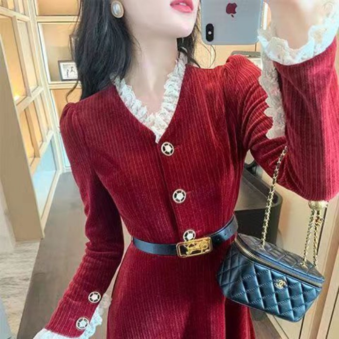 Korduroi Gaun Wanita Musim Gugur dan Musim Dingin Baru Perancis Retro Renda Jahitan Putri Lengan Tem