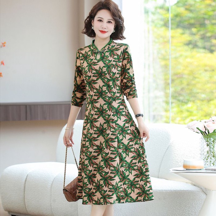 Ibu 2024 Gaun Cetak Lengan Panjang Musim Gugur Rok Cheongsam Rok Panjang Menengah Gaya Baru Retro Se