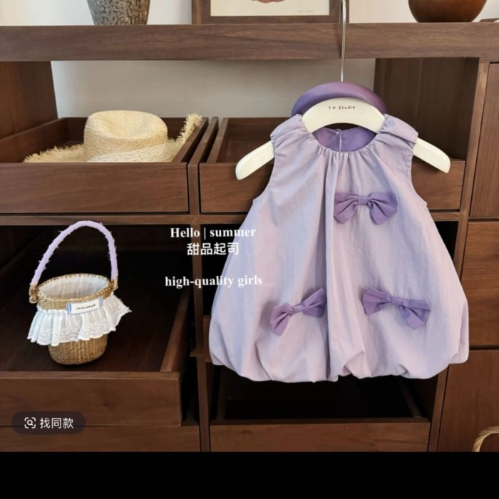 Gaun Rompi Pita Manis Anak Perempuan Ungu Taro Gaun Anak-anak Pakaian Fashion Bayi Rok Baru Musim P