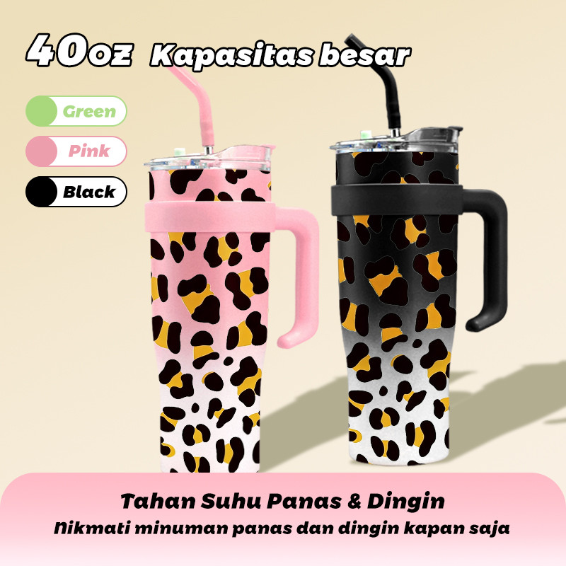 Leopard Print  Tumbler dengan pegangan Botol Minum Kapasitas Besar 1200ml Termos Minuman Dingin Stai