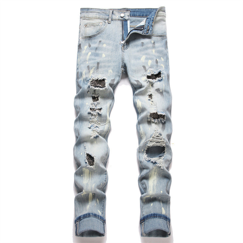 Gaya   Punk Biru Kerajinan Berat Slim Fit Stretch Ripped Patch Painted Skinny Jeans Pria Trendy Berk