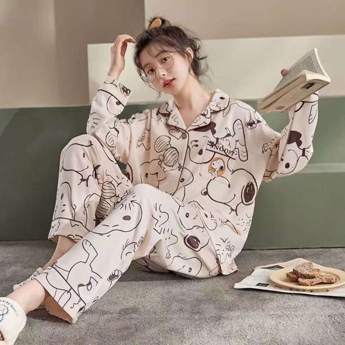 Piyama Gaya Ins Snoopy untuk Wanita Musim Gugur Celana Panjang Siswa Kartun Lucu Jepang Baru Set Pa