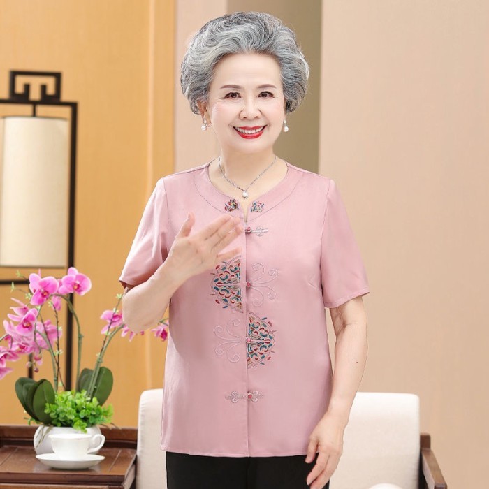 Ibu Musim Panas Lengan Pendek Kemeja Setengah Baya dan Orang Tua Wanita Bordir Kemeja Orang Tua Paka