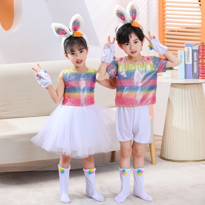 Kostum Pertunjukan Kelinci Putih Kecil Anak-anak Kostum Tari Panggung TK Kostum Pertunjukan Hewan Ke