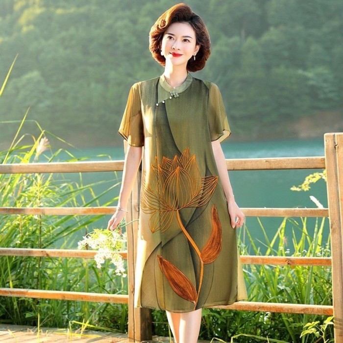 Gaun modis ibu ibu rok sifon gaya baru paruh baya gaun musim panas paruh baya dan tua rok panjang te