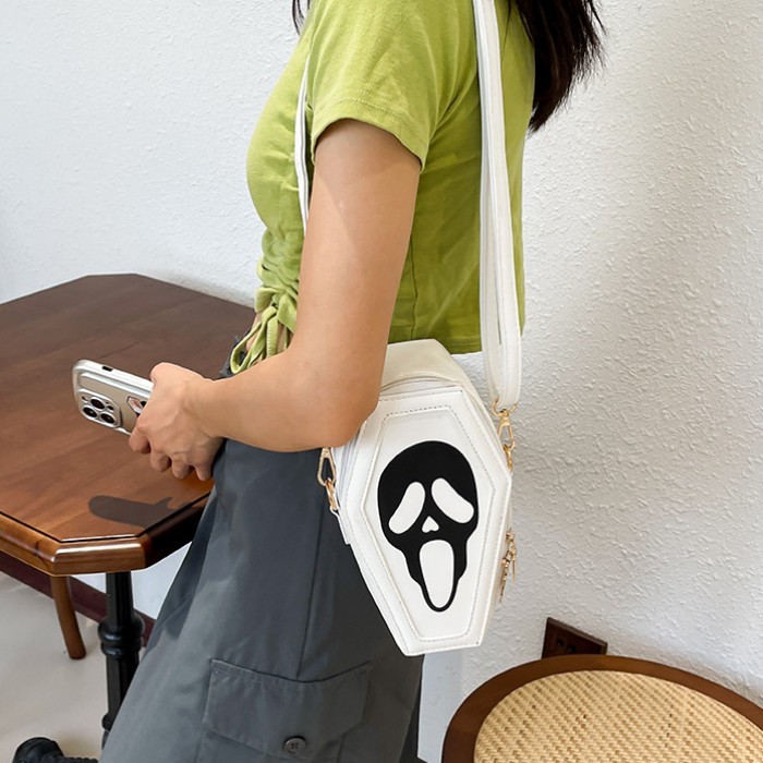 Tas Selempang Wanita Bertema Halloween | Berbentuk Peti Mati & Motif Hantu/Tengkorak Gothic  Tas Gel
