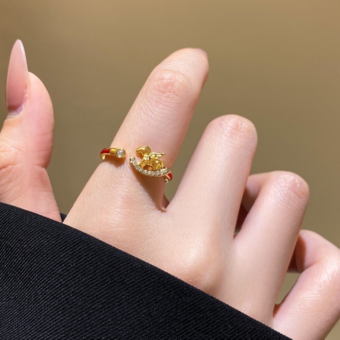 Cincin Terbuka Tali Kepang Merah Kuda Poni Berlian Berkilau Emas Cincin Jari Telunjuk Gaya Populer B