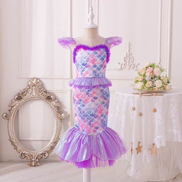 Kostum Halloween Eropa dan Amerika gaun putri duyung gaun pertunjukan ulang tahun anak perempuan gau