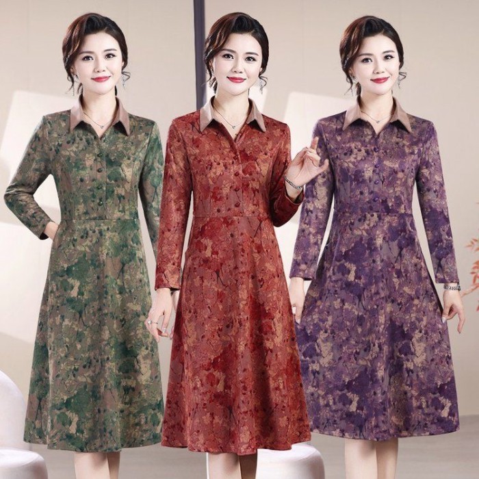 Gaun Modis Ibu Temperamen Rok Lengan Panjang Menengah dan Tua Ukuran Besar Ramping Baru