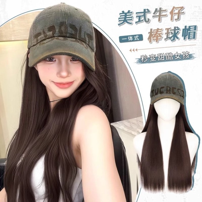 Wig dan topi satu potong topi baseball koboi Amerika retro mode musim gugur dan musim dingin wanita 