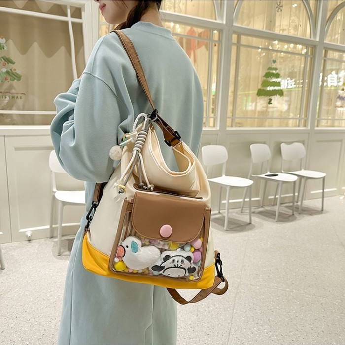 Tas Ransel Selempang Wanita Y2K | Warna Dopamine Kontras & Lapisan Transparan untuk Koleksi  Tas Out