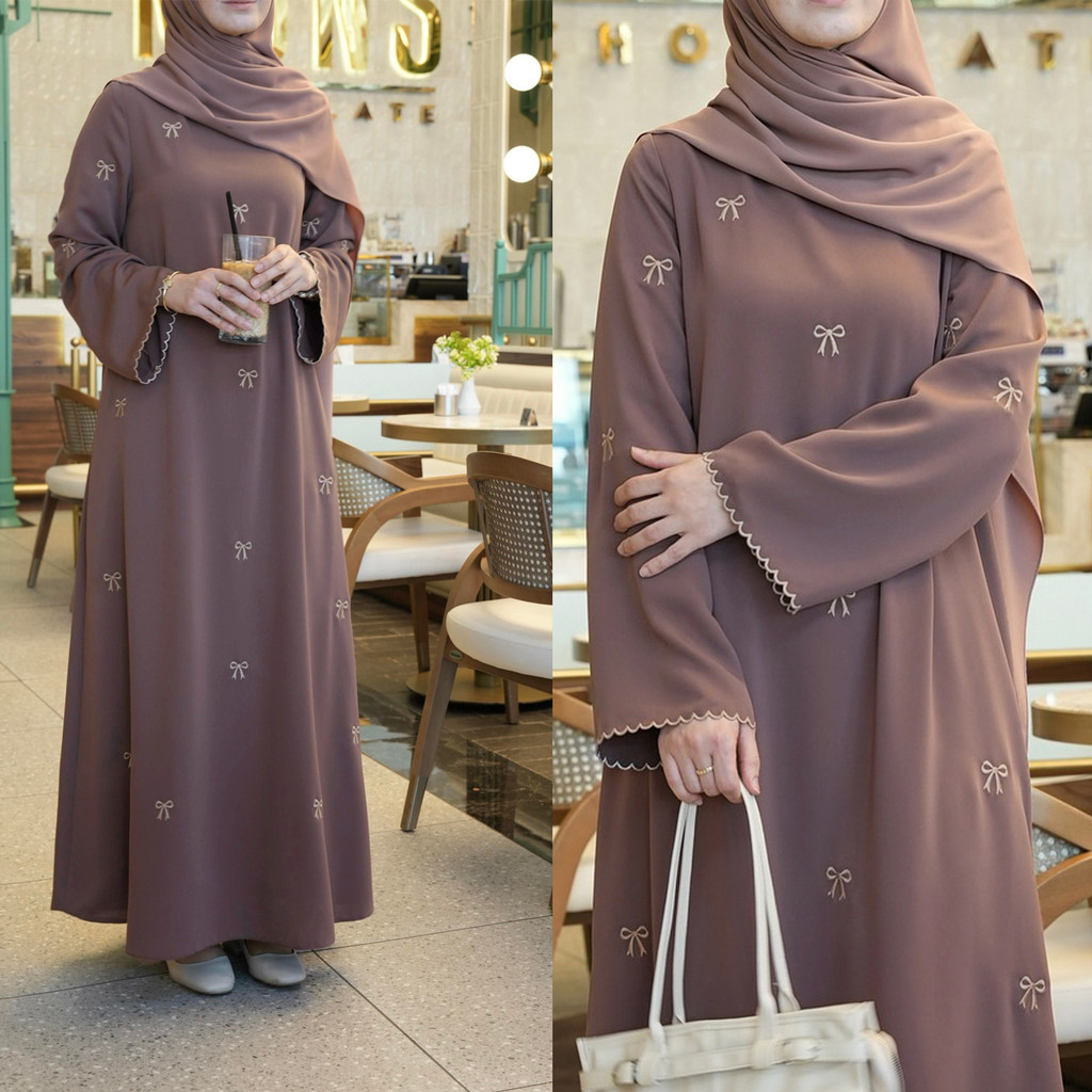Gamis Wanita Panjang Etnik Elegan Stok Tersedia Bordir Pita Perjalanan Santai Ibadah Abaya Tanpa Ker