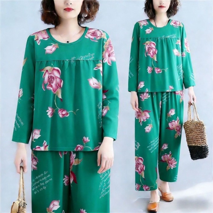 Piyama Katun Yunduo Ibu Paruh Baya dan Lanjut Usia untuk Wanita Musim Semi dan Musim Gugur Celana Pa