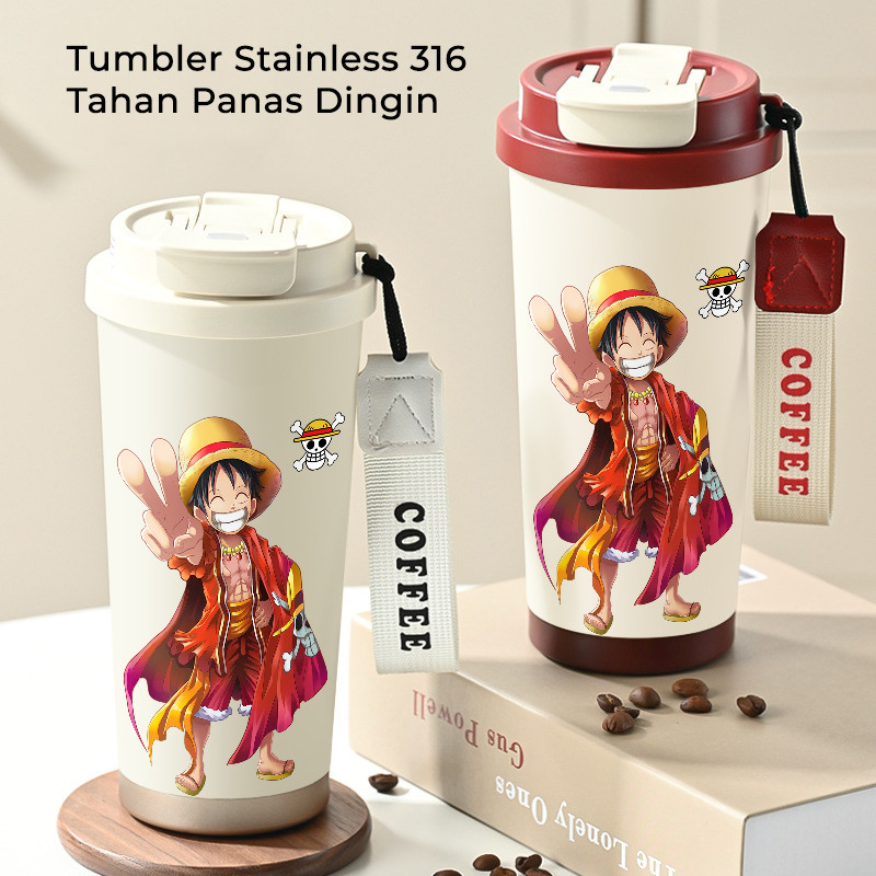 Luffy Pirate Anime COD Tumbler kopi  Lucu Hadiah Perempuan Termos air panas  Portabel 500ml Mug Coff