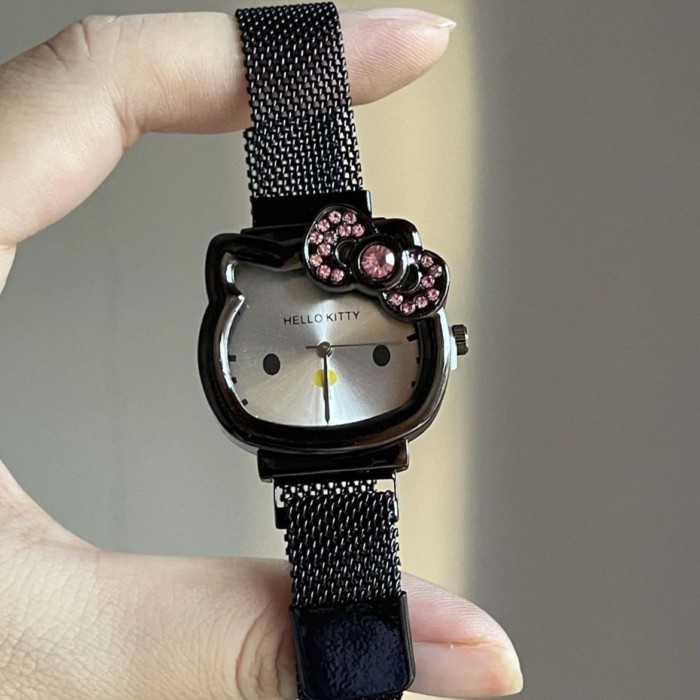Cute Rhinestone Kt Cat Quartz Watch Schoolgirl Hot Girl Cool Metal Adjustable Strap Pointer Watch B