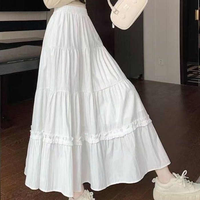 Rok A-line Putih, Rok Setengah Panjang, Rok Tutu Wanita Serbaguna, Lucu, Melangsingkan dan Mengurang