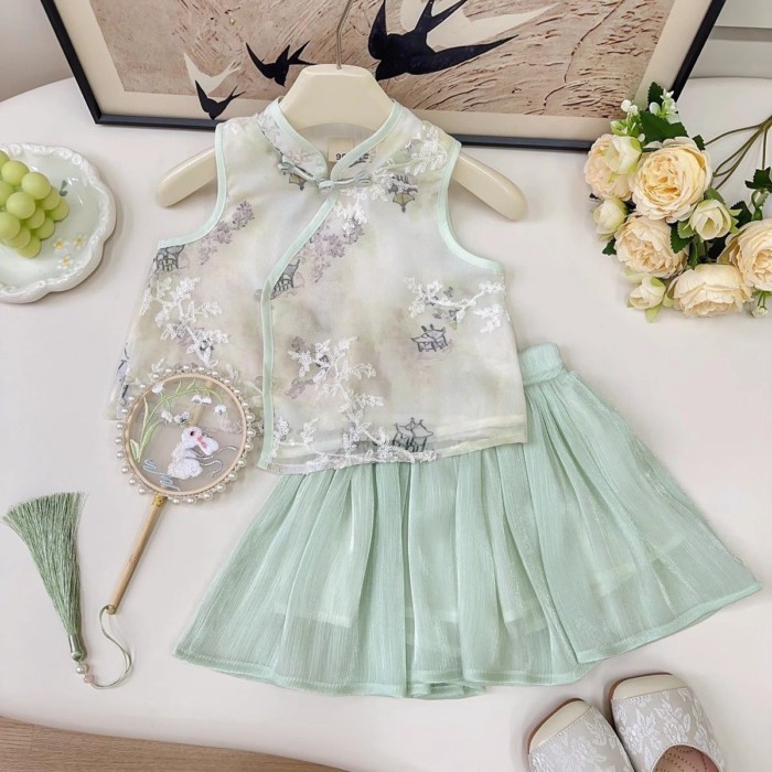 Setelan Baju Tang Gaya Cina Anak Perempuan Rok Rompi Gaya Cina Bayi Perempuan Baru Musim Panas 2025