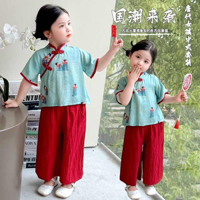 Setelan Gaya Cina Anak Perempuan Musim Panas 2025 Atasan Cina Baru Anak-anak Baru Celana Tipis Setel