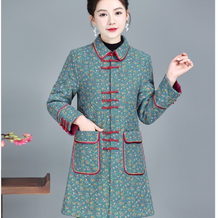 Setelan Bau Musim Gugur dan Musim Dingin Ibu Jaket Katun Gaya Cina Pakaian Katun Kancing Retro Pakai