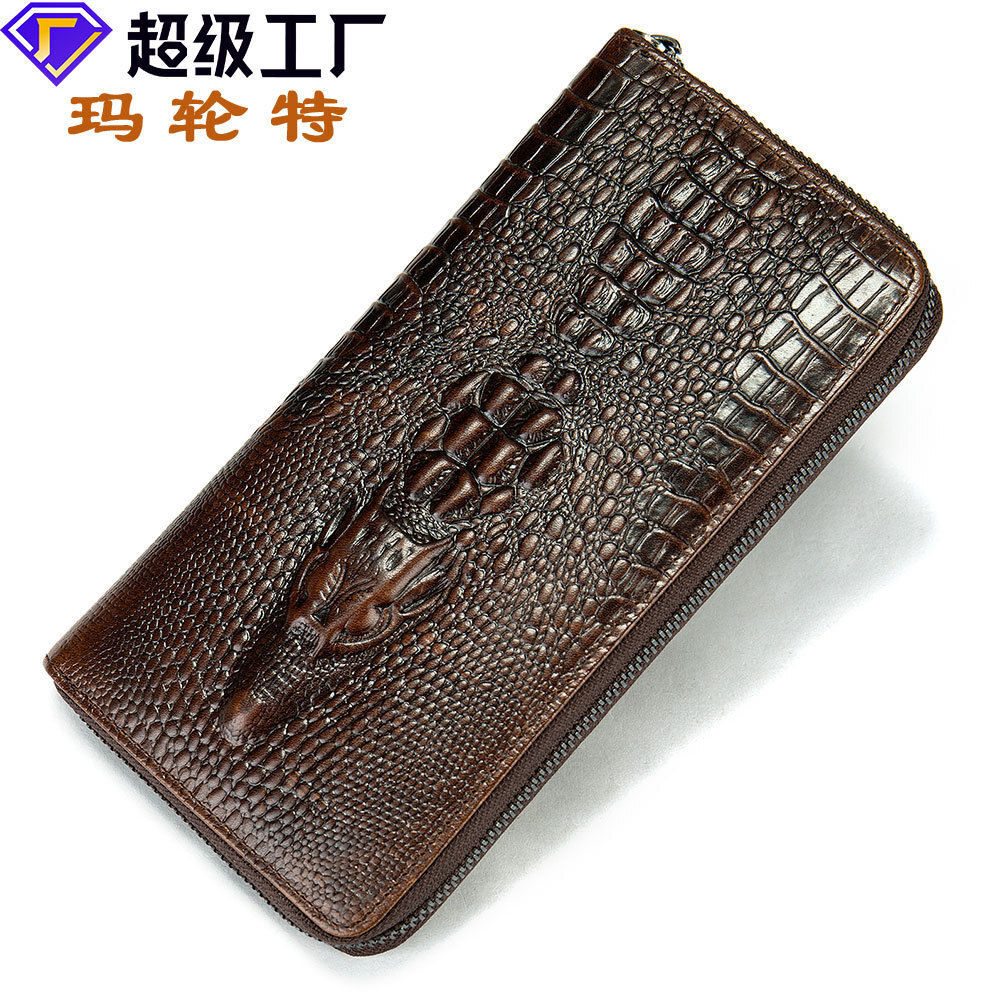 Dompet Pria Elegan Panjang Amazon Asli Pola Buaya Bisnis Slot Multi-Kartu Clutch Kulit Sapi Lapisan 