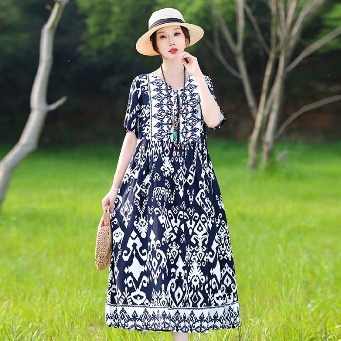 Cotton Silk Dress, Bohemian Style, Plus Size Beach Dress, Ethnic Style, Loose V-neck, Over-the-knee