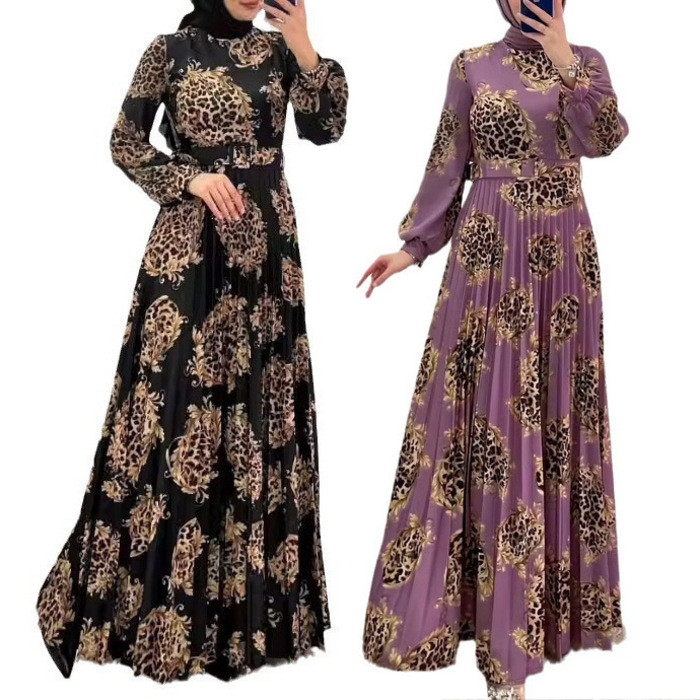 Gamis Wanita M2669 Amazon Wanita Baru Cetakan Macan Tutul Floral Lipit Fashion Elegan Gaya Etnik  Be
