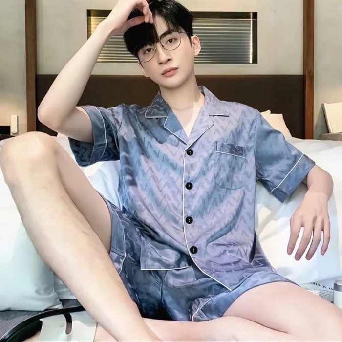 Piyama Pria Musim Panas Tipis Sutra Es Lengan Pendek Pola Geometris Sutra Mewah Ukuran Besar Set Pa
