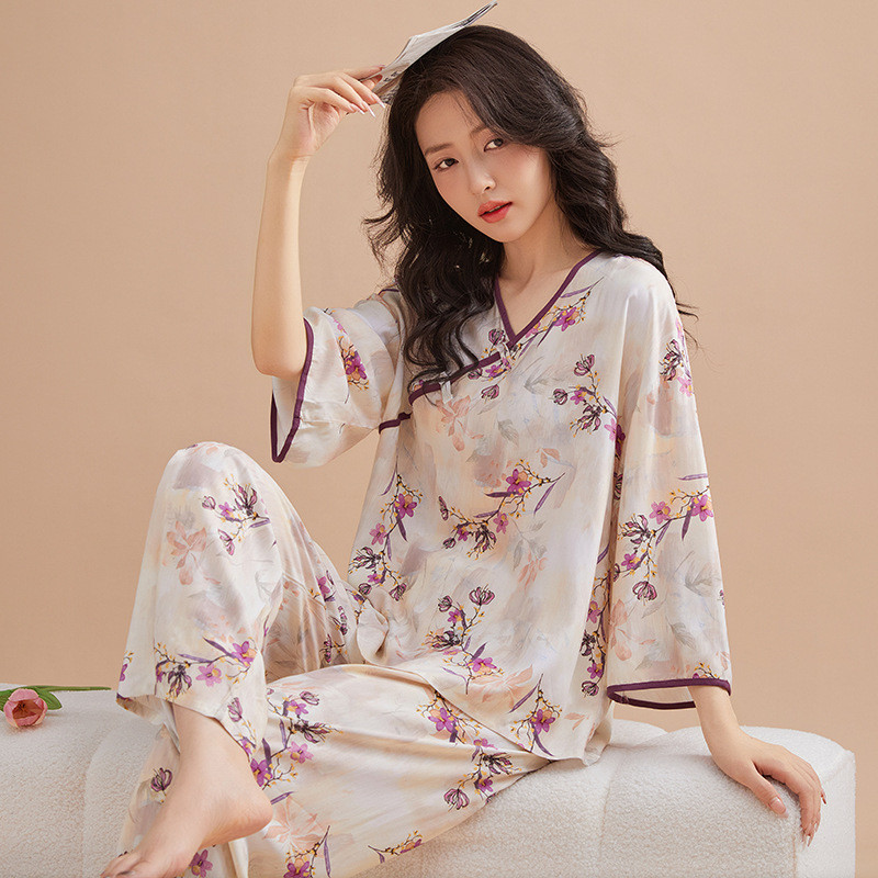 Baju Tidur Wanita Terbaru Piyama wanita gaya Cina baru untuk , panas,   , celana panjang lengan tiga