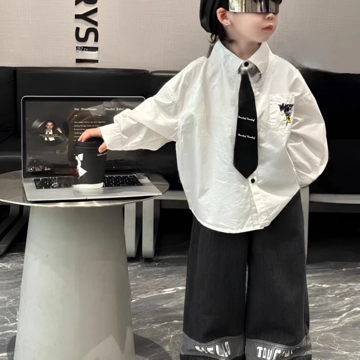 Kemeja Putih Dasi Anak Laki-laki Celana Lurus Denim Baru Musim Gugur 2026 Anak Laki-laki Trendi Kere
