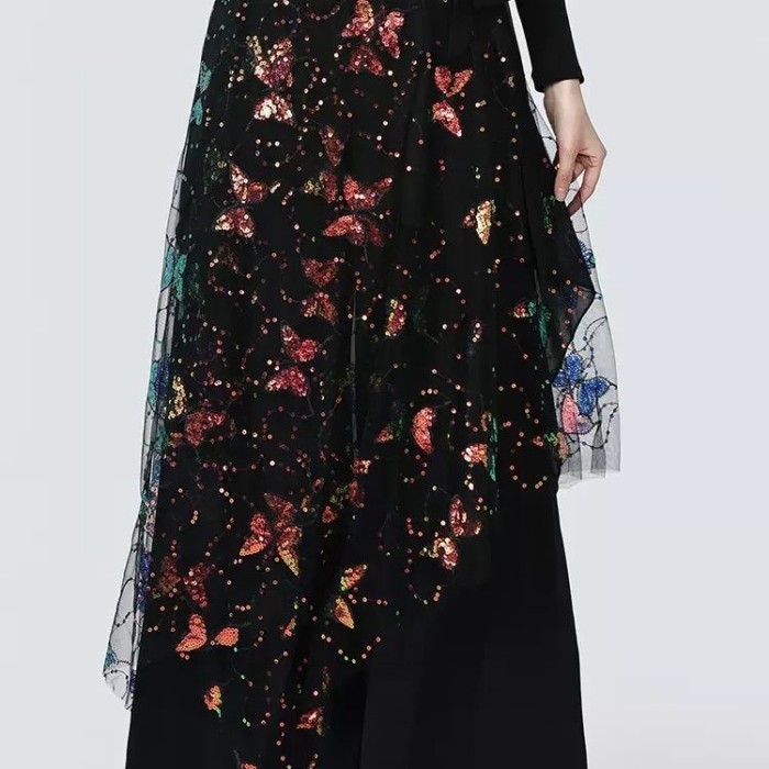 Rok Kupu-kupu Jaring Hitam Rok Berpayet Setengah Panjang Berenda Satu Potong Rok Balet Tirai Bokong 