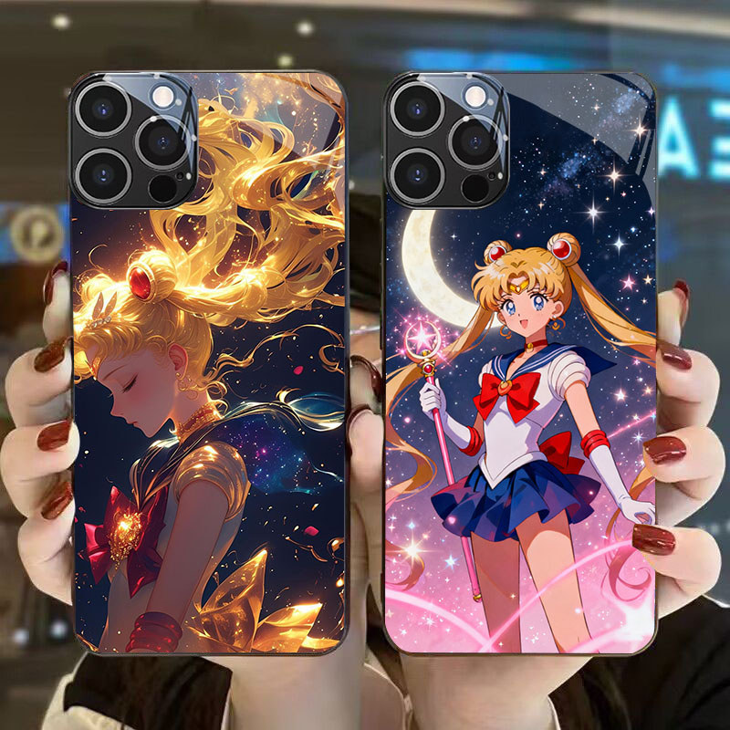 MK-72 Sailor Moon KACA Glass Casing untuk iPhone 15 14 Plus Pro Max