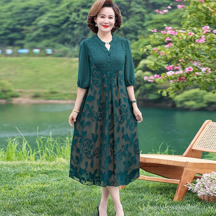 Hari ibu ibu temperamen gaun musim panas setengah baya fashion gaya barat rok setengah baya dan tua 