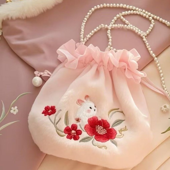 Tas Hanfu Baru Asli Kelinci Camellia Tas Selempang Bordir Gaya Nasional Tas Bahu Serbaguna Harian Ga