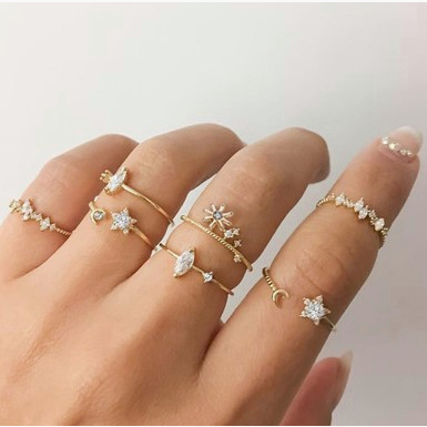 Set Cincin Berlian Mutiara Bentuk Bulan Bintang Dan Daun Gaya Retro Untuk Wanita