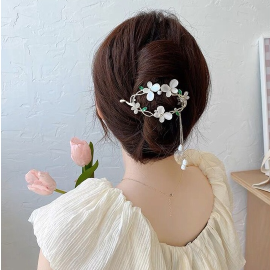 Korea Berlian Imitasi Mutiara Rumbai Rambut Klip Bunga Kristal Logam Jepit Rambut Twist Clip Woman Hair Accessories