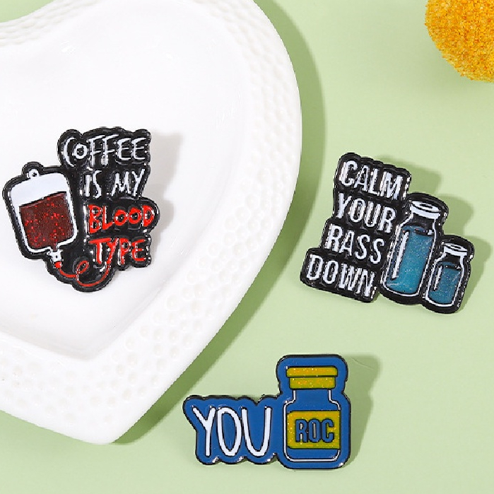 [AdornmentNo1] 1pcs Coffee is My Blood Type Enamel Pin Bros Calm Down You ROC Lapel Badges Punk Lucu Perhiasan Hadiah Untuk Teman Anak [ID]