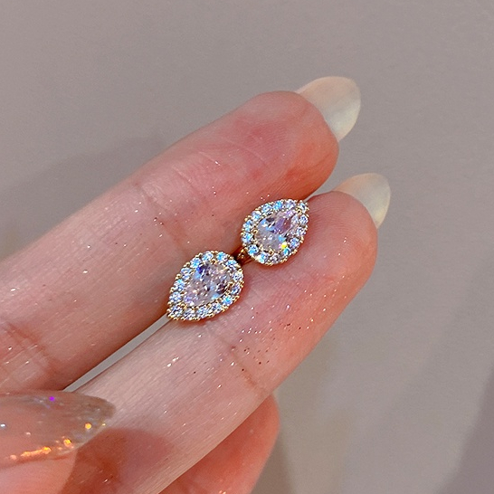 French Style Vintage Zircon Water Drop Ear Studs Sterling Silver Needle Ins Style Anting Wanita Sederhana Baru