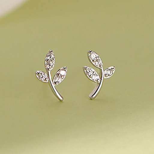 Simple Cute Mini Small Leaf Stud Earrings For Women Silver Color Zircon Jewelry Party Gift