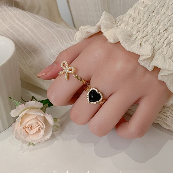 2pcs/set Cincin Hitam Hati Mutiara Cincin Wanita Dapat Disesuaikan Set Busur Cincin Emas Untuk Wanita