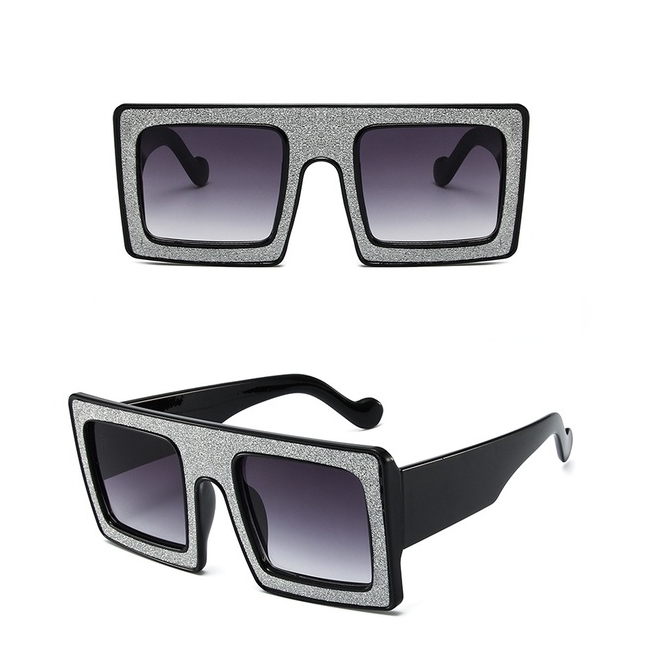 Eropa oversized frame shiny sunglasses Wanita square flat top sunglasses Pria trend travel Kacamata Pesta Mewah