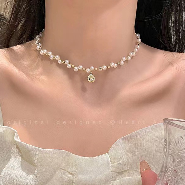 Kalung Liontin Bulat Mutiara Elegan Rantai Choker Aesthetic Untuk Aksesoris Perhiasan Fashion Wanita