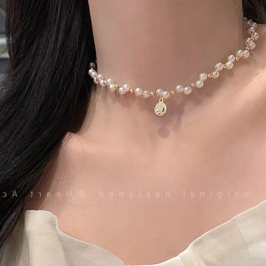 Kalung Liontin Bulat Mutiara Elegan Rantai Choker Aesthetic Untuk Aksesoris Perhiasan Fashion Wanita