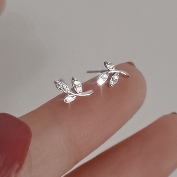 Simple Cute Mini Small Leaf Stud Earrings For Women Silver Color Zircon Jewelry Party Gift