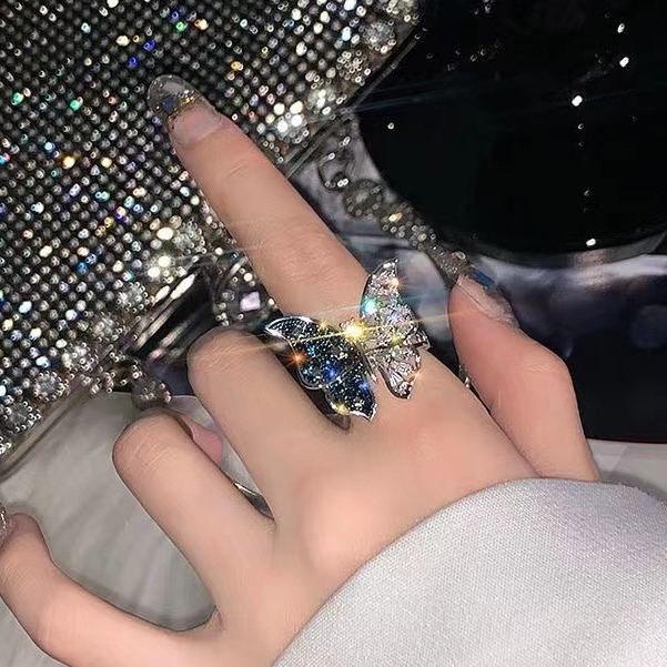 Ins Fashion Cincin Kupu-Kupu Berlian Peri Mewah Pembukaan Cincin Yang Dapat Disesuaikan Untuk Wanita Cincin Jari Telunjuk