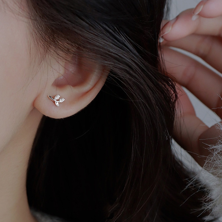 Simple Cute Mini Small Leaf Stud Earrings For Women Silver Color Zircon Jewelry Party Gift
