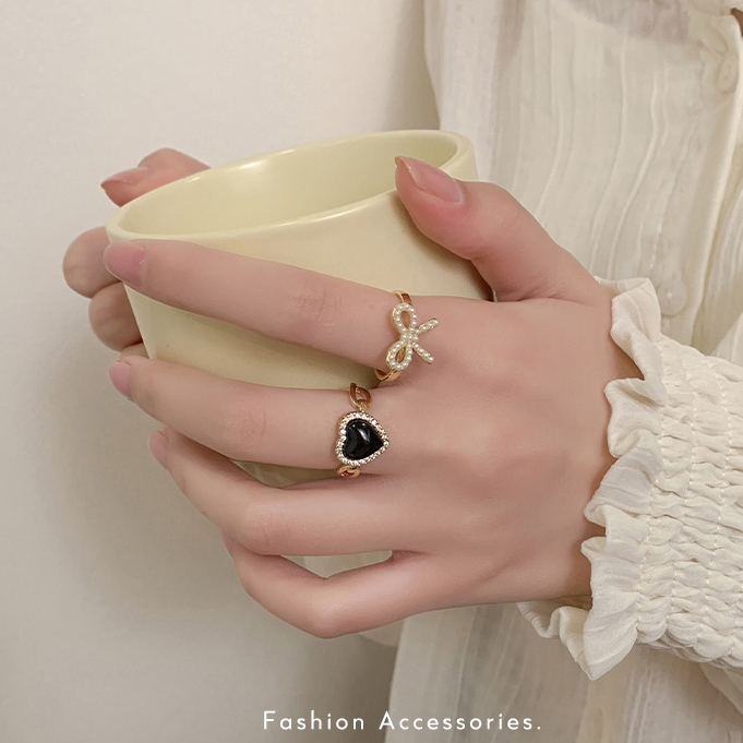 2pcs/set Cincin Hitam Hati Mutiara Cincin Wanita Dapat Disesuaikan Set Busur Cincin Emas Untuk Wanita