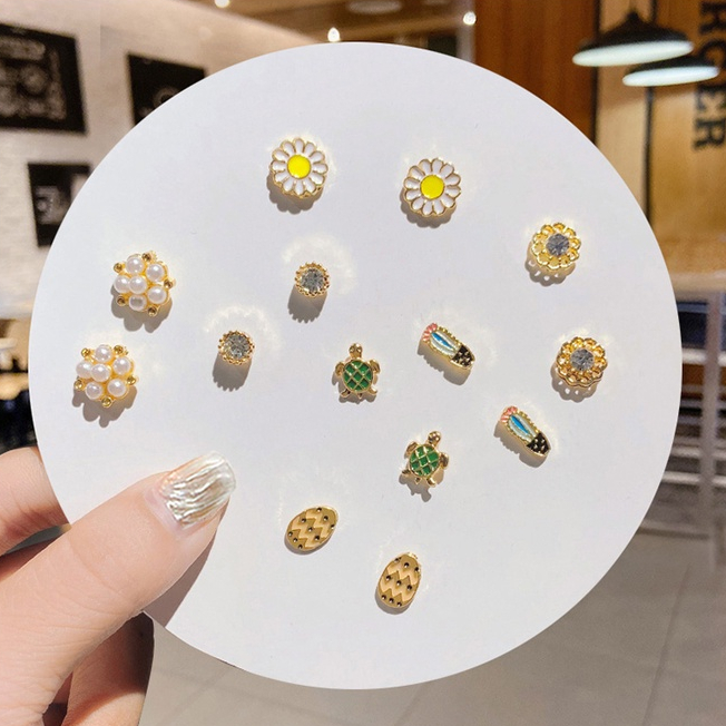 7 Pcs Fashion Sederhana Kecil Lady Stud Earrings Klasik Mutiara Bunga Stud Earrings