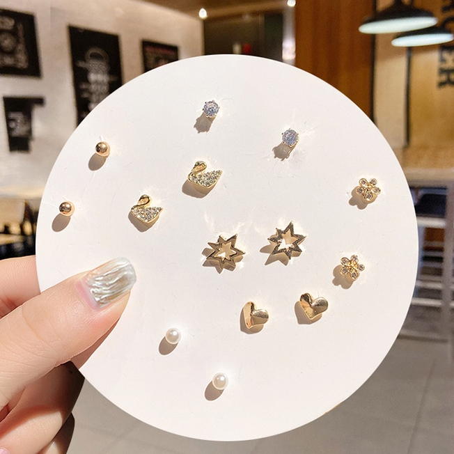 7 Pcs Fashion Sederhana Kecil Lady Stud Earrings Klasik Mutiara Bunga Stud Earrings